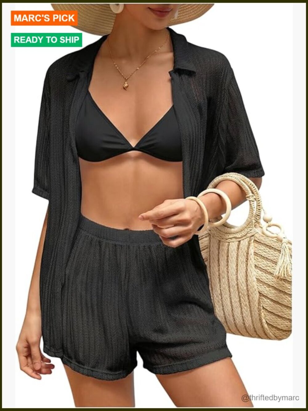 Women's 2 Piece Cover Up Set Short Sleeve Open Front Hollow Out Swimsuit